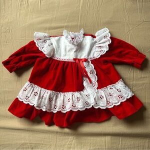 Vintage Baby Girl Red Velvet And White Lace Christmas Dress Sz 12 Months￼